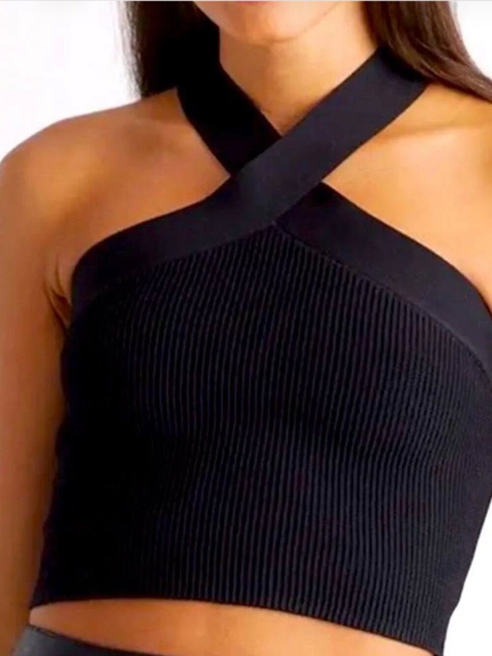 New Abercrombie Criss Cross Halter Knit Crop Top Black Size Large